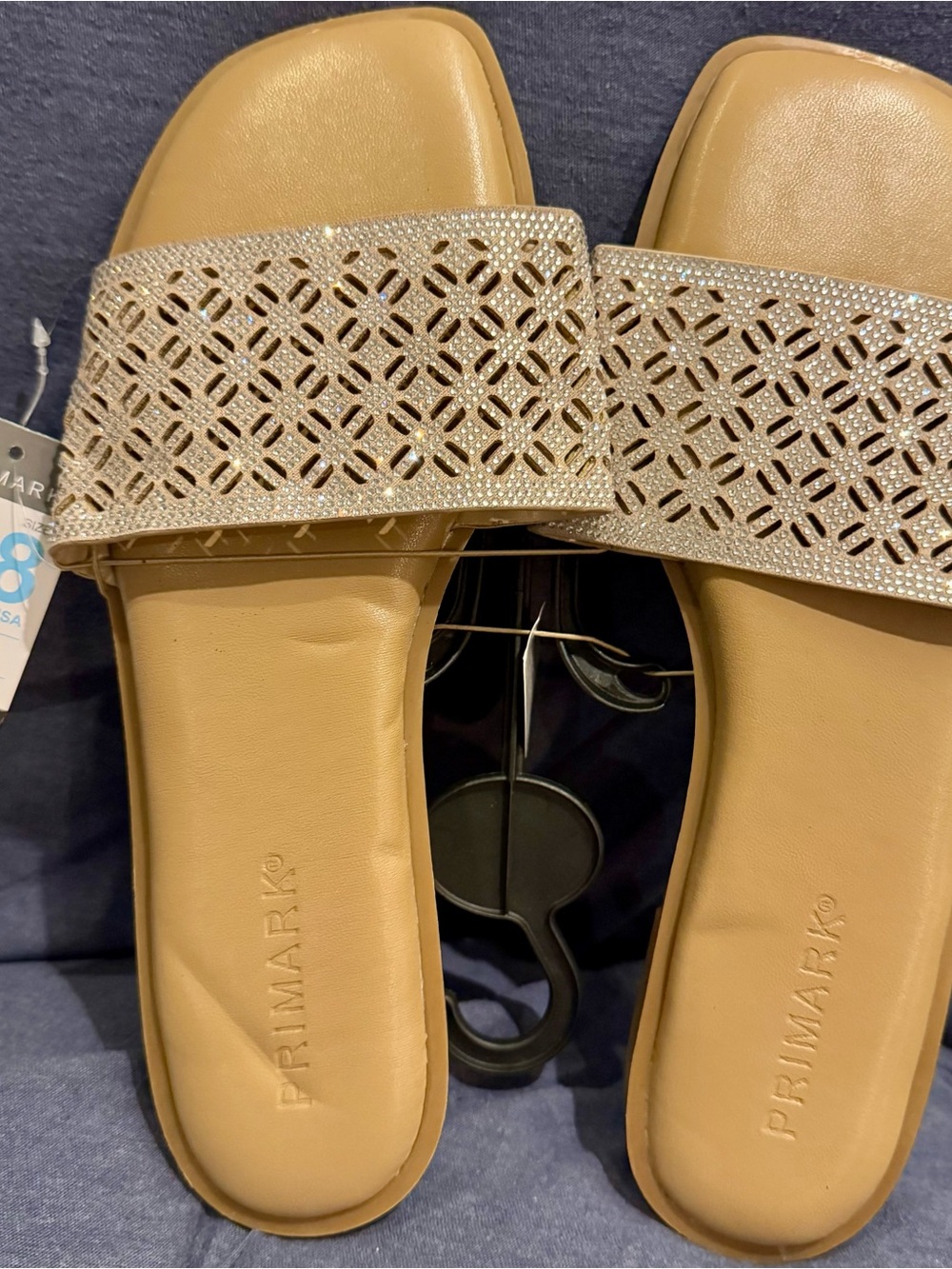 Primark NWT Rhinestone Slide Sandals Beige Nude Sparkle Flat Sandals Size 8